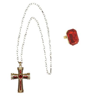Sinterklaas verkleed accessoires - ring en ketting - rode steen - kruis - goud kleurig - pakjes avon