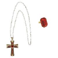 Sinterklaas verkleed accessoires - ring en ketting - rode steen - kruis - goud kleurig - pakjes avon