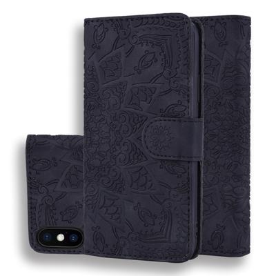 Kalf patroon dubbele vouwen ontwerp reliëf lederen draagtas met portemonnee & houder & kaartsleuven voor iPhone XS/X (zwart)