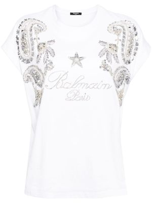 Balmain t-shirt en coton à ornements en cristal - Blanc