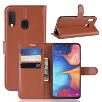 Litchi textuur horizontale Flip lederen case voor Galaxy A20e met portemonnee & houder & kaartsleuven (bruin)