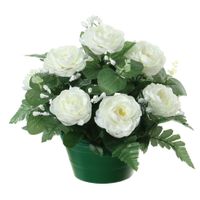 Louis Maes Kunstbloemen plantje in pot - wit - 25 cm - Bloemstuk ornament - rozen met bladgroen   - - thumbnail