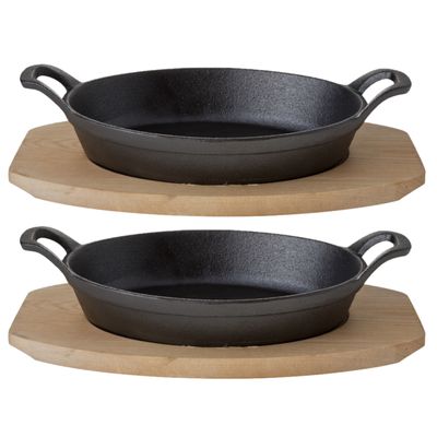 Set van 3x stuks gratinschalen/ovenschalen 30 cm gietijzer met houten onderbord