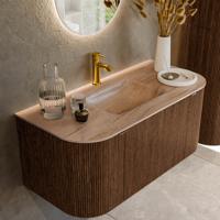 Badmeubel Mondiaz Kurve-Dlux | 100 cm | Meubelkleur Walnut | Wastafelkleur Saba | Solid surface | Wasbak midden spoelbak | 1 kraangat