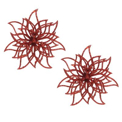 Kerstboom decoratie bloemen - 2x stuks - kerstster - rood glitters - op clip - 14 cm - kerstversieri