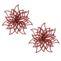 Kerstboom decoratie bloemen - 2x stuks - kerstster - rood glitters - op clip - 14 cm - kerstversieri