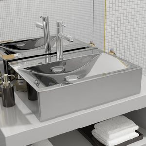 VidaXL Wastafel met overloop 60x46x16 cm keramiek zilverkleurig
