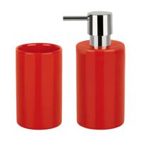 Badkamer accessoires set - zeeppompje/drinkbeker - porselein - rood - thumbnail