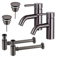 Fortifura Calvi Wastafelkraanset - voor dubbele wastafel - lage wastafelkraan - always open plug - verlaagde design sifon - Geborsteld Gunmetal PVD 2x SW766540/2x SW769487/2x SW767295