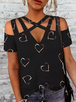 Heart Print Multi-Strap Cold Shoulder Top