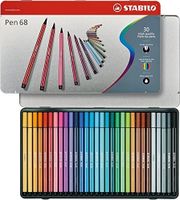 STABILO Pen 68 viltstift, metalen doos van 30 stiften in geassorteerde kleuren