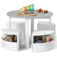 Kindertafel en Stoelenset Ronde Nesttafel met 4 Krukken 4 Stoffen Lades voor Activiteiten Spelletjes Kunst Grijs en Wit/Natuur en Wit
