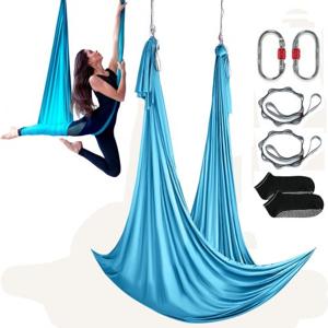 VEVOR Aerial Yoga hangmatset 5 x 2,8 m, blauw Aerial Yoga Swing Air Fly, Yoga Swing hangmatschommel 1000 kg max. draagvermogen, inclusief yogasokken en stalen karabijnhaak, anti-zwaartekrachtoefeningen