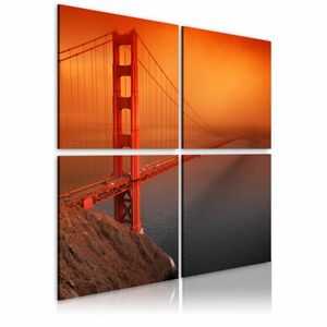 Schilderij - San Francisco - Golden Gate Bridge, Oranje/Rood,  4luik, wanddecoratie