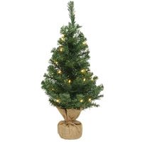 Volle mini kerstbomen groen in jute zak met verlichting 75 cm - thumbnail