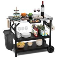 Grilltafel met 3 Planken Grillwagen met Verstelbare Plank Kruidenrek Handdoekenrek Tissuerek Platte Roestvrijstalen Tafel op Wielen