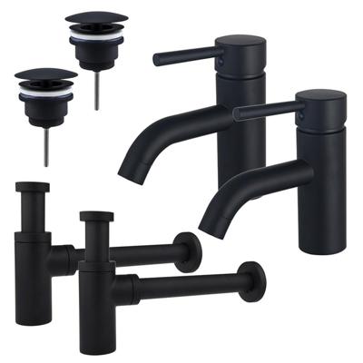Fortifura Calvi Wastafelkraanset - voor dubbele wastafel - lage wastafelkraan - always open plug - design sifon - Mat zwart 2x SW377833/2x SW696205/2x SW696210