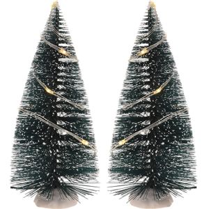 Kerstdorp onderdelen 2x Kerstbomen 15 cm met LED verlichting