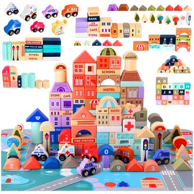 Kruzzel houten blokken - multicolor - hout - 115x stuks - stad bouwen - incl puzzel mat Kruzzel houten blokken - multicolor - hout - 115x stuks - stad bouwen - incl puzzel mat