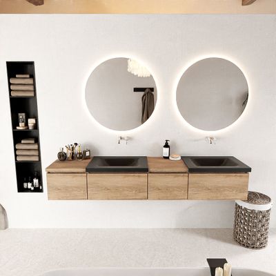 MONDIAZ BUKLA 200cm badmeubel met module 40 rechts kleur Washed Oak met 4 lades. Wastafel CLOUD dubbel 0 kraangaten kleur Urban.