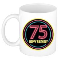 Verjaardag mok / beker - happy birthday 75 jaar - neon - 300 ml - verjaardagscadeau - thumbnail