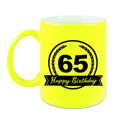 Happy Birthday 65 years met wimpel cadeau mok / beker neon geel 330 ml - feest mokken Happy Birthday 65 years met wimpel cadeau mok / beker neon geel 330 ml - feest mokken