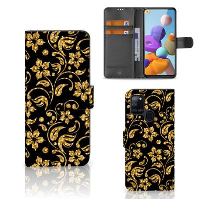 Samsung Galaxy A21s Hoesje Gouden Bloemen | Portemonnee hoesje Samsung Galaxy A21s Hoesje Gouden Bloemen | Portemonnee hoesje