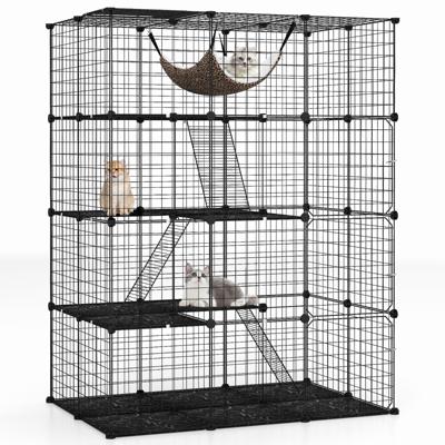 143 cm Kubusvormige Kattenkooi met 4 Verdiepingen Huisdierenverblijf met Hangmat Afneembare Metalen Draadkooi voor Katten Zwart