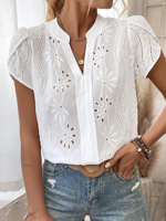 Women's Short Sleeve Cotton Blouse Summer Embroidered Cotton V Neck Top - thumbnail