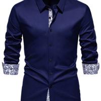 Bon&Bon Men's Floral Patchwork Long Sleeve Shirt | White Casual Work Navy Blue / XL