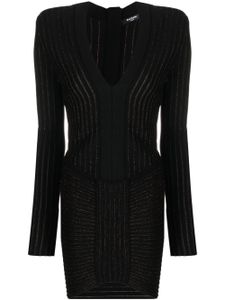 Balmain robe mi-longue nervurée à col v - Noir