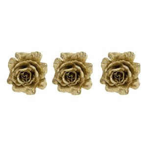 4x stuks decoratie bloemen roos goud glitter op clip 10 cm