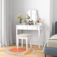 Make-up Tafel met 360 Graden Draaibare Verlichte Spiegel Kaptafel en Krukje met 4 Opberglades 10 Dimbare LED Lampen Kussen (Wit)
