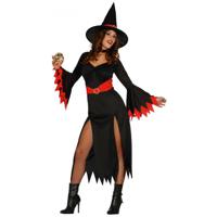 Zwarte lange heksen verkleed jurk met rode details - Dames - Halloween - Feestkleding - thumbnail