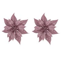 2x stuks decoratie bloemen kerstster roze glitter op clip 18 cm