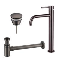 Fortifura Calvi Slim Wastafelkraanset - verhoogde wastafelkraan - klikwaste plug - verlaagde design sifon - Geborsteld Gunmetal PVD SW766539/SW767288/SW767295