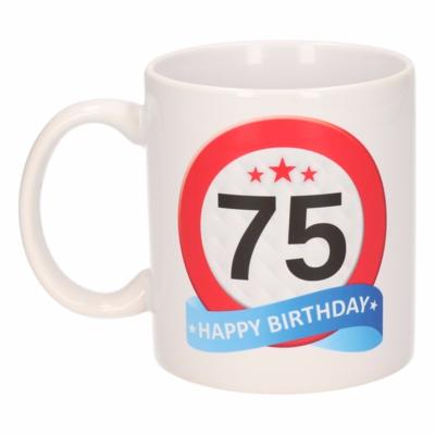 75 jaar Verjaardag koffiemok - cadeau beker - stopbord print - 300 ml - keramiek - wit