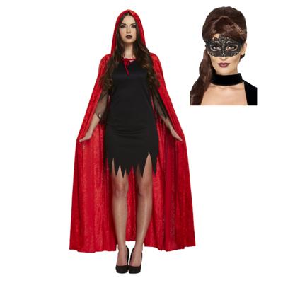 Carnaval gemaskerd bal verkleed set - Oogmasker zwart - Lange cape met capuchon rood - dames