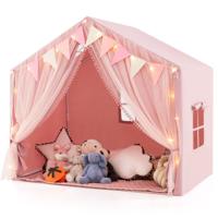 Speeltent met 2 Gordijnen & Sterrenlichten & Geruite Vlaggen Grote Speelhuis Roze