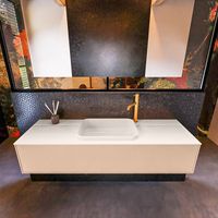 Badkamermeubelset Mondiaz Erin 150 cm met 1 Lade met RIDGE Wastafel Midden Linen met 1 kraangat Greeploos Mat Rosee