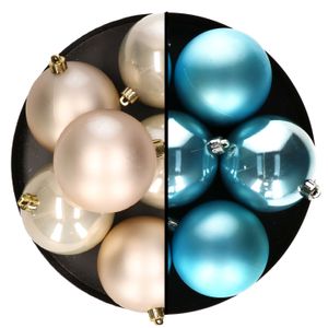 Kerstballen - 12x st - 8 cm - champagne en blauw - kunststof