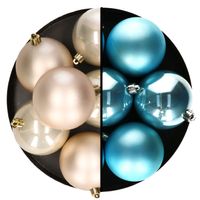 Kerstballen - 12x st - 8 cm - champagne en blauw - kunststof - thumbnail