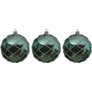 3x Kerstballen turquoise blauw 8 cm met zilveren glitters kunststof kerstboom versiering/decoratie   -