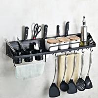 Een versie 80cm 3 kopjes 10 haken keuken multifunctionele wand-gemonteerde kruiderij houder opslag rek (zwart)