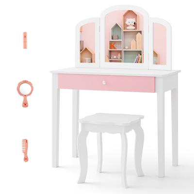 Kaptafel & Kruk voor Kinderen Kaptafel met Lade Inklapbare Spiegel en Accessoires Make-uptafel met Afneembaar Blad Wit