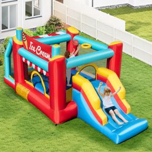 5-In-1 Springkussen voor Kinderen Glijbaan Springzone Basketbalring Ballenbak Ringwerpen Binnen en Buiten (Geen Blower)