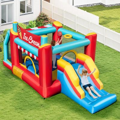 5-In-1 Springkussen voor Kinderen Glijbaan Springzone Basketbalring Ballenbak Ringwerpen Binnen en Buiten (Geen Blower)