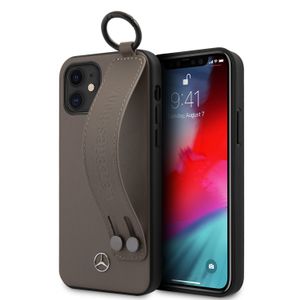 Mercedes - Leren Backcover hoes met Handstrap - iPhone 12 Mini - Bruin + Lunso Tempered Glass