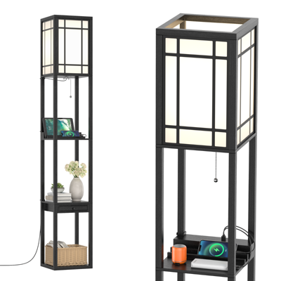 Staande Vloerlamp met Planken en Lade Moderne Staande Vloerlamp voor Woonkamer en Slaapkamer 26 x 26 x 160,5 cm Zwart