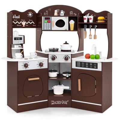 Houten Hoek Speelkeuken Keukenset voor Peuters Licht en Geluid Koffiezetapparaat Magnetron Oven Wasmachine Accessoires